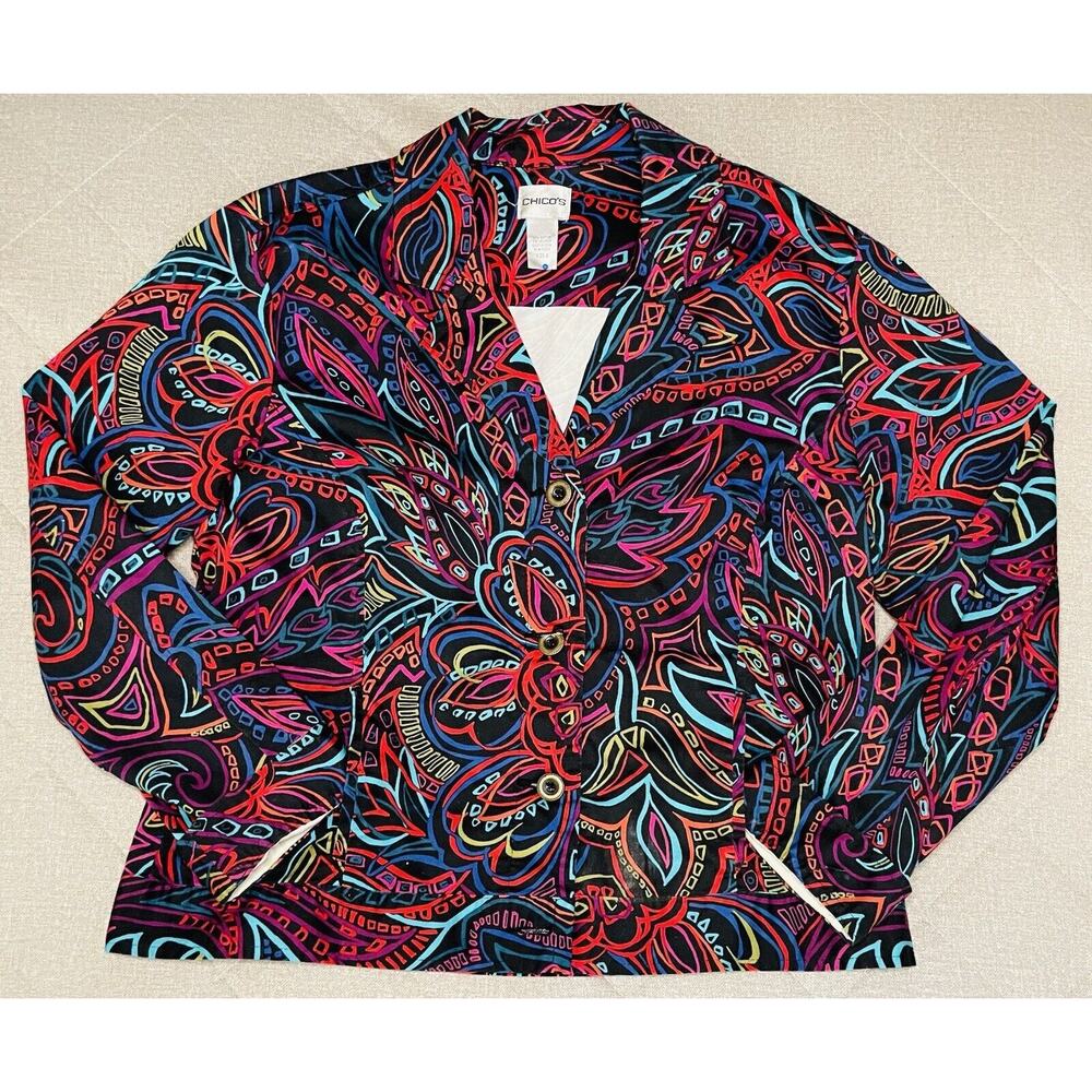 Chicos Womens Jacket size 2 Large Artsy Geometric Button Front career city